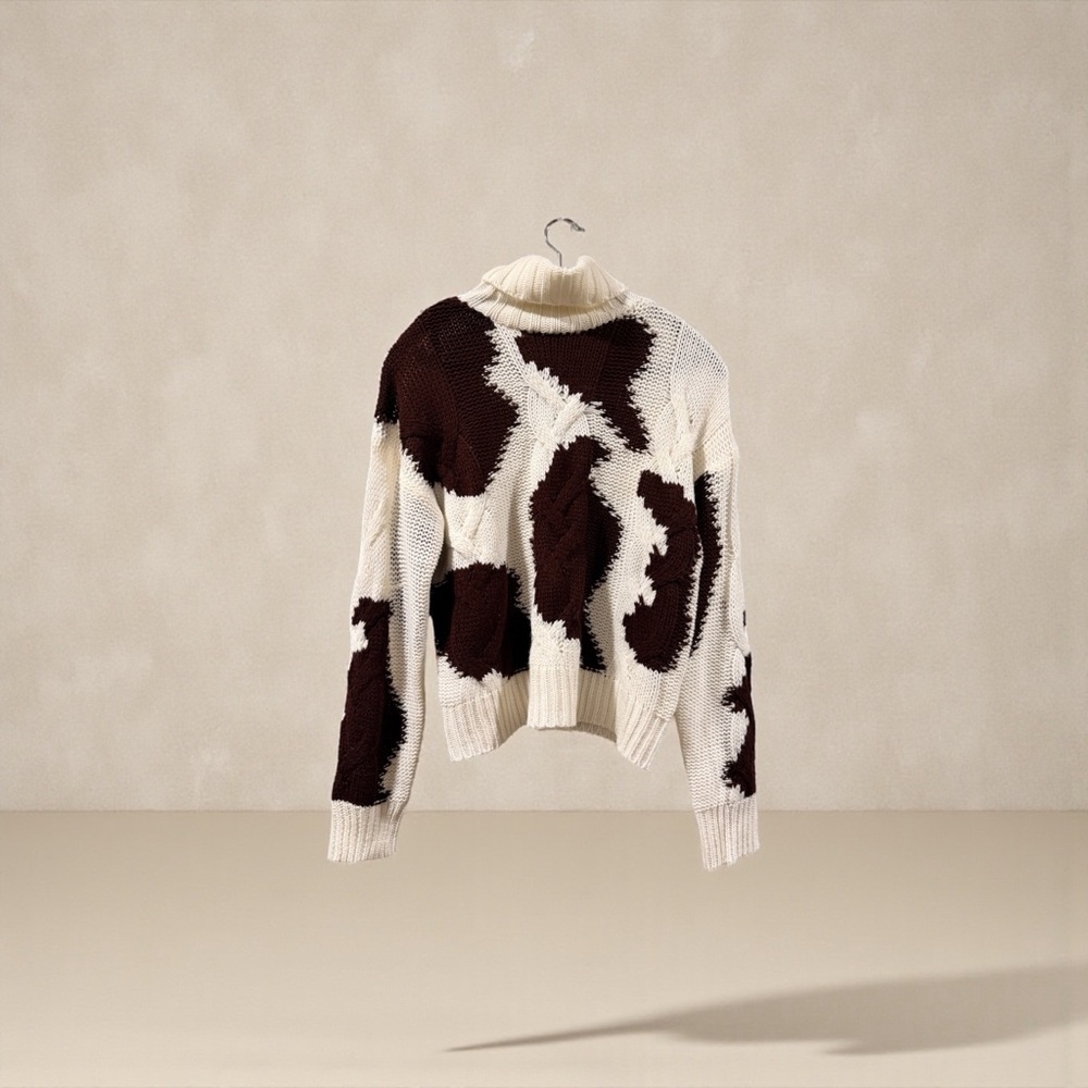Cato Cow Print Brown and‎ Cream Women's Turtleneck Sweater